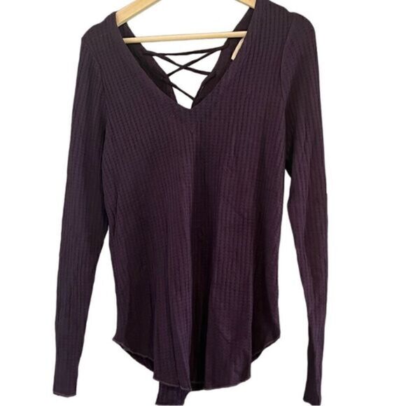 Chaser Purple Waffle Print Long Sleeves Strappy Tie Back Top Size M NWT - Picture 10 of 13